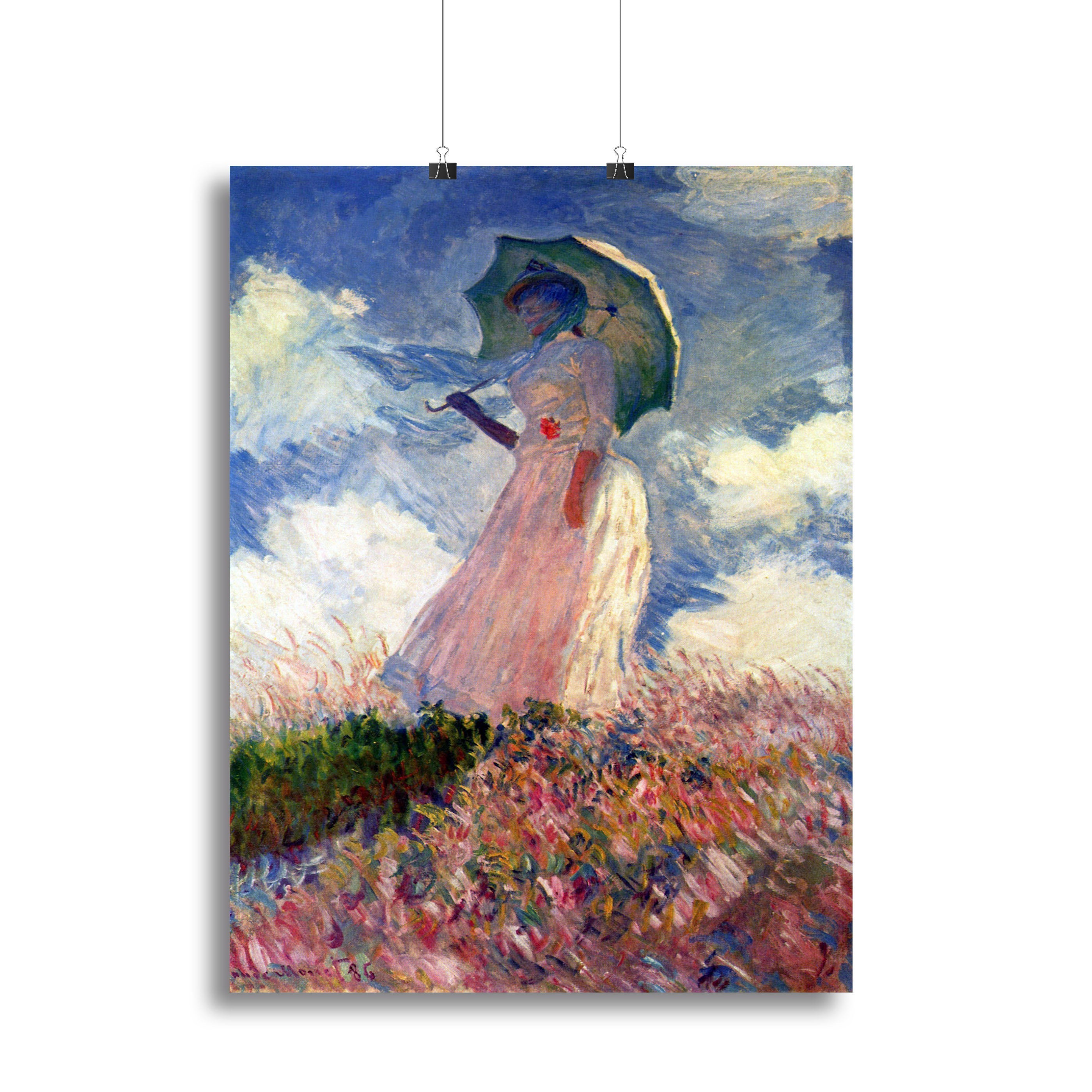Canvas print of Woman with Parasol by Monet, showcasing a woman with a parasol in a vibrant natural setting.