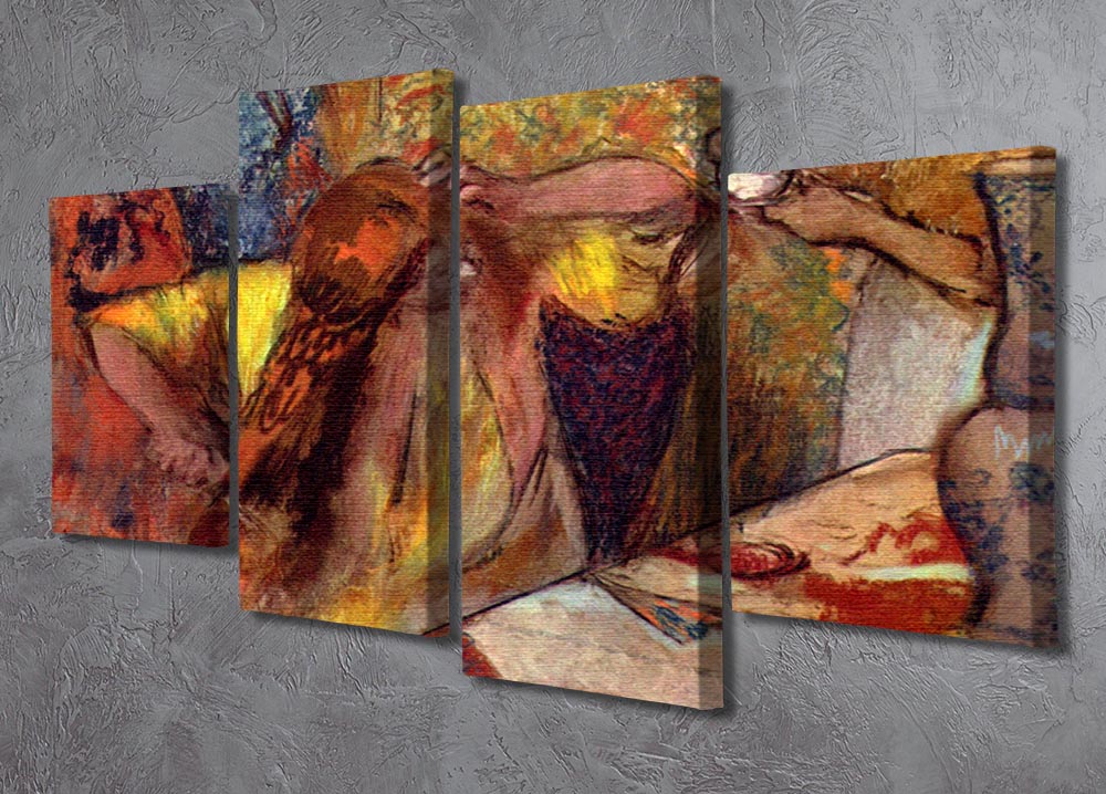A 4-panel canvas artwork titled Women at the Toilet 1 by Degas, showcasing elegant women in a serene setting, perfect for home decor.