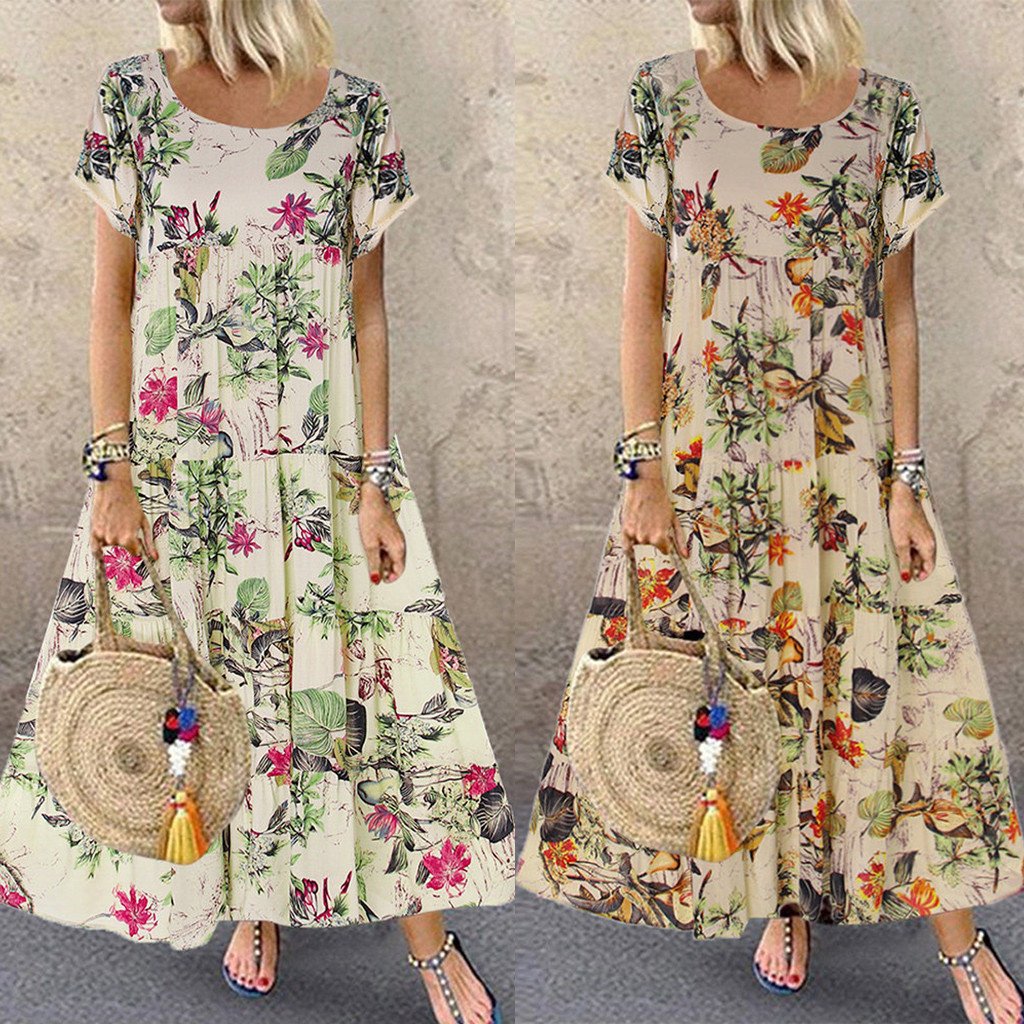 Women Casual Elegant Fashion Summer Plus Size Dress featuring floral print and A-line silhouette, perfect for summer occasions.