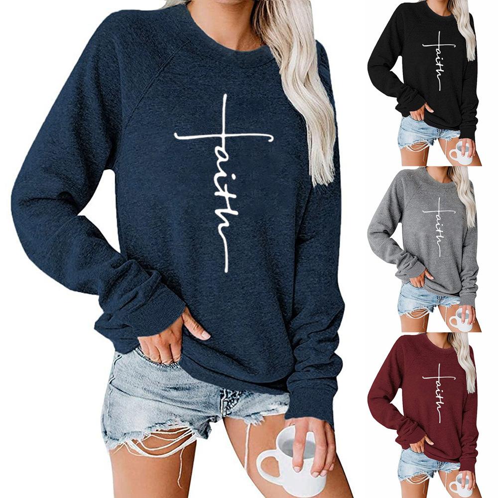 Women Designer Faith Cross Print Sweatshirt in natural color, showcasing long sleeves and O-neck collar, perfect for autumn and winter wear.
