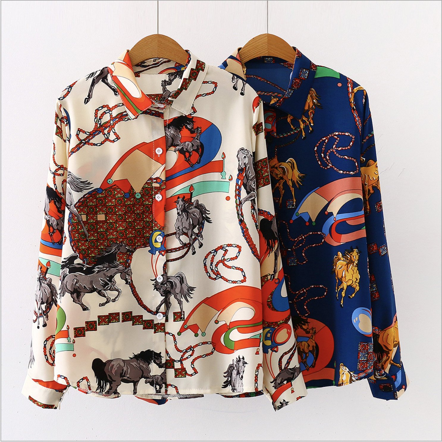 Women Designer Lapel Neck Long Sleeve Button Blouse featuring a retro floral pattern, perfect for spring and fall wear.