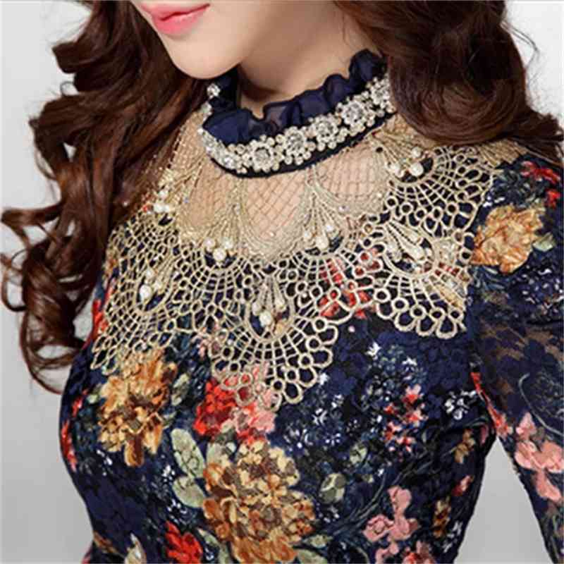 Women Elegant Fashion Lace Blouse with diamond beaded lace, showcasing floral patterns and flutter sleeves in a stylish design.