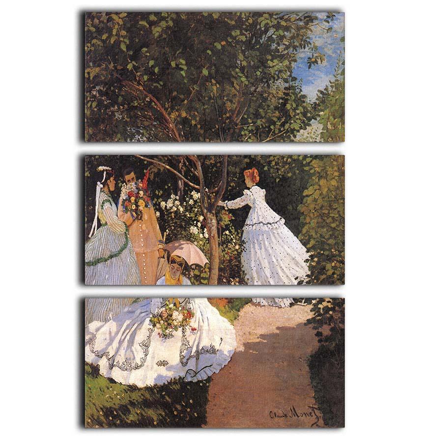 Three-panel canvas print featuring Monet's Women in the Garden, showcasing vibrant colors and intricate details.