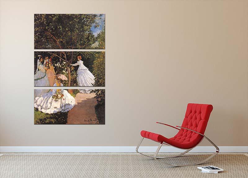 Three-panel canvas print featuring Monet's Women in the Garden, showcasing vibrant colors and intricate details.