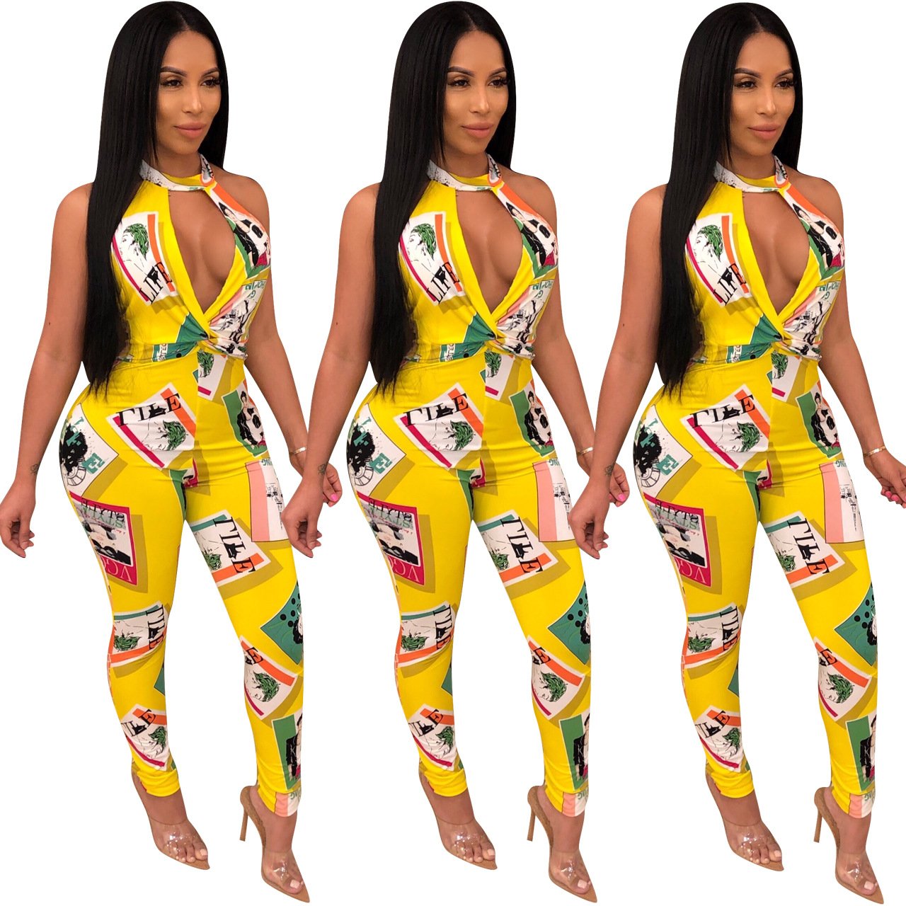 Women Leotard featuring a deep V neckline, backless halter design, and high waist fit, available in stylish prints.