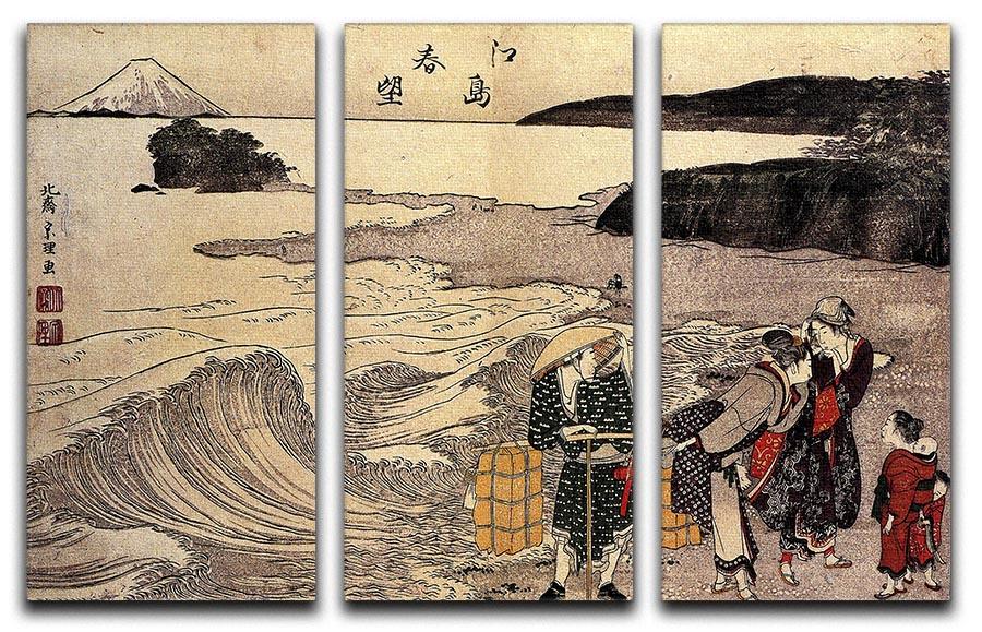 Three-panel canvas print depicting women on the beach by Hokusai, showcasing vibrant colors and intricate details.