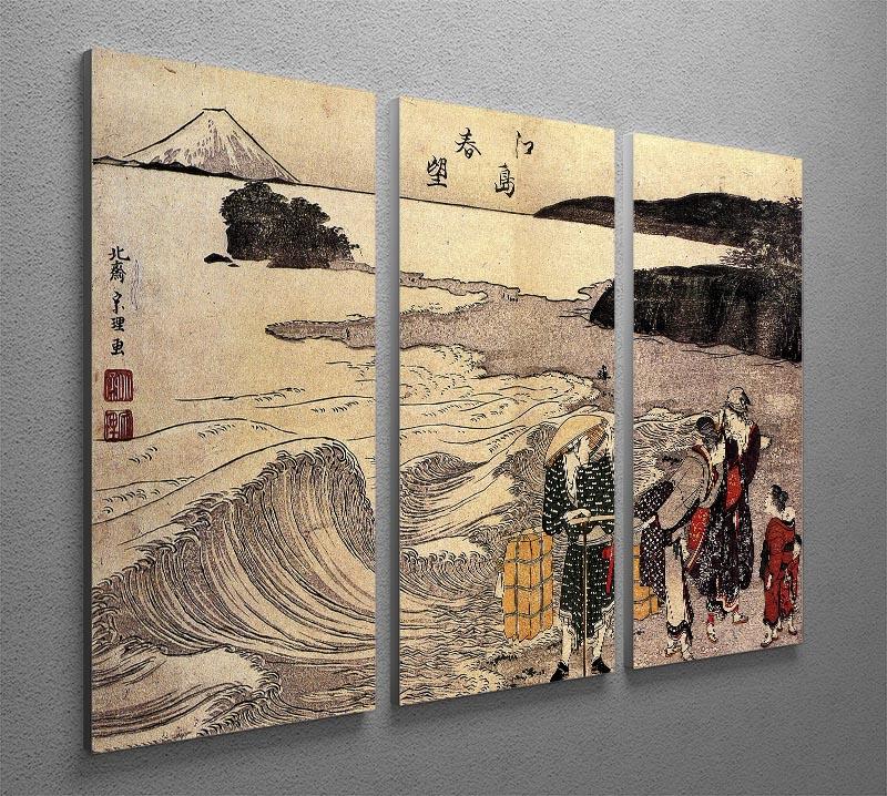 Three-panel canvas print depicting women on the beach by Hokusai, showcasing vibrant colors and intricate details.
