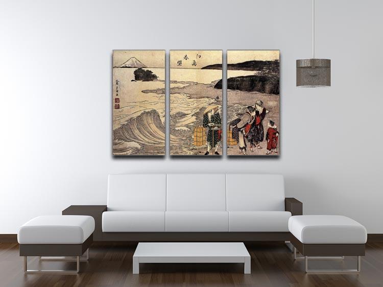 Three-panel canvas print depicting women on the beach by Hokusai, showcasing vibrant colors and intricate details.