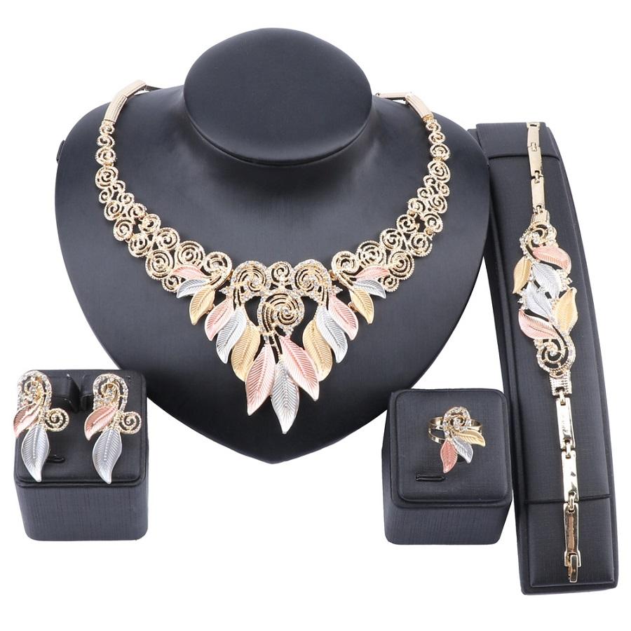 Elegant Women Party Bridal Crystal Leaves Jewelry Set featuring gold and silver plating with sparkling rhinestones, perfect for weddings and special occasions.