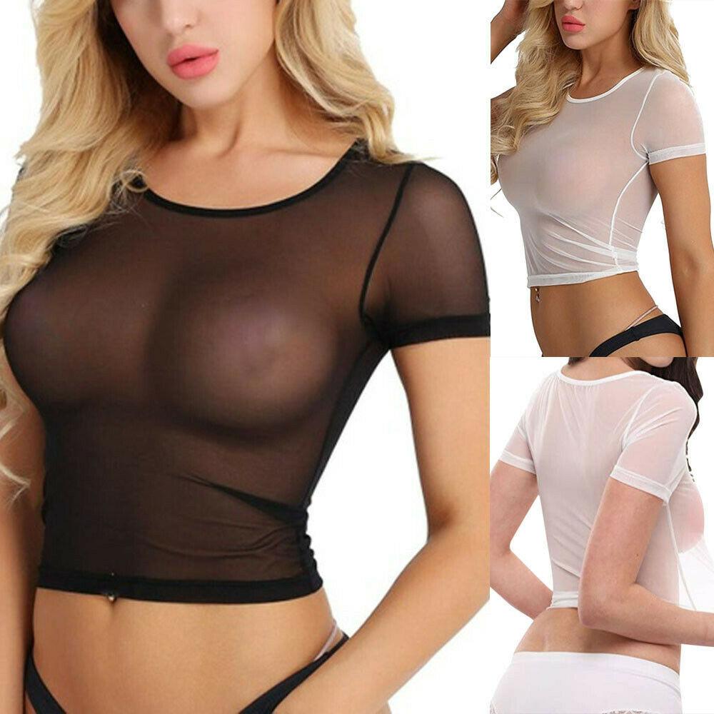 Women Sexy Sheer Mesh See Through Crop Top Tee displayed on a mannequin, showcasing its stylish design and cap sleeves.