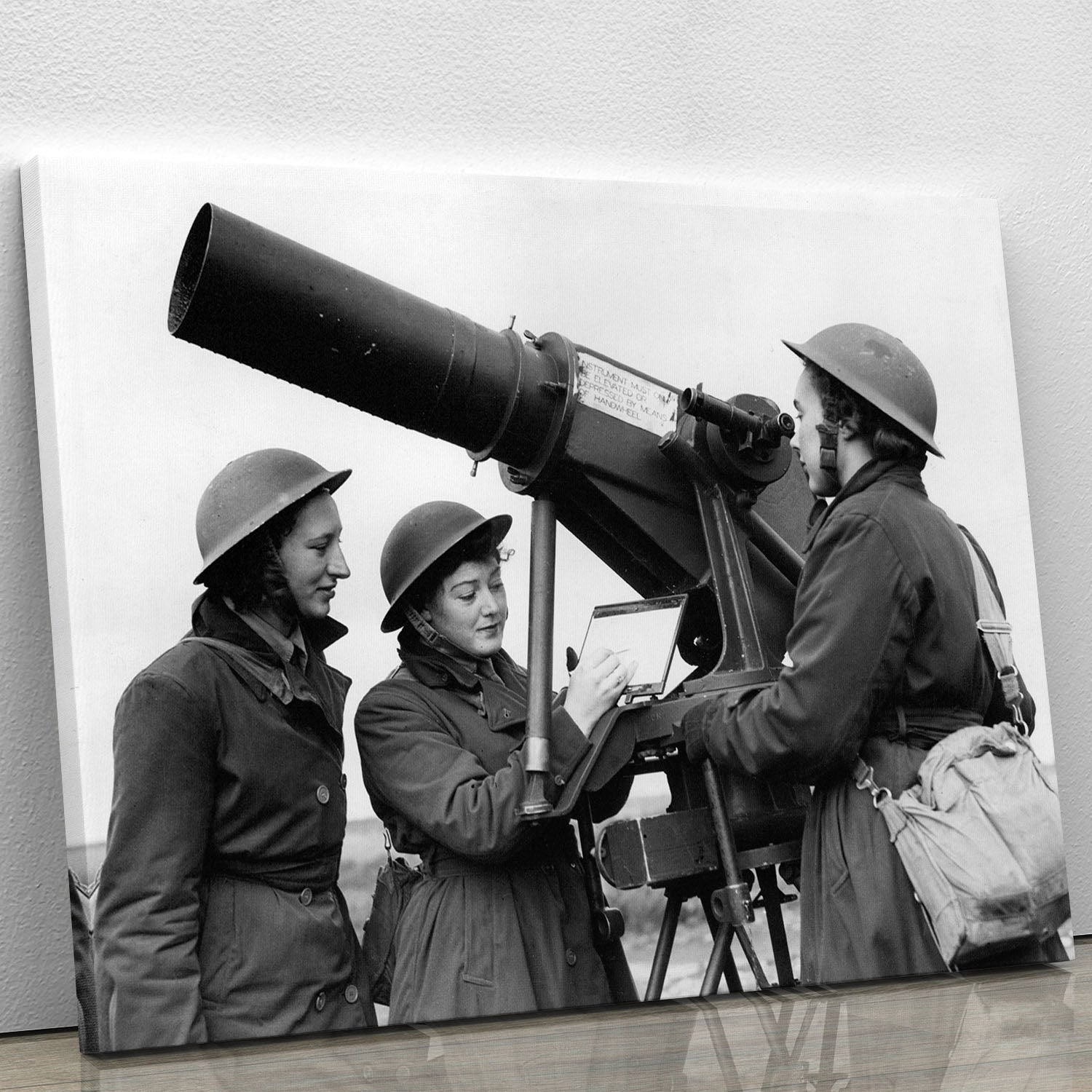 Women soldiers taking aim during World War II, depicted in a vibrant canvas print showcasing their strength and bravery.