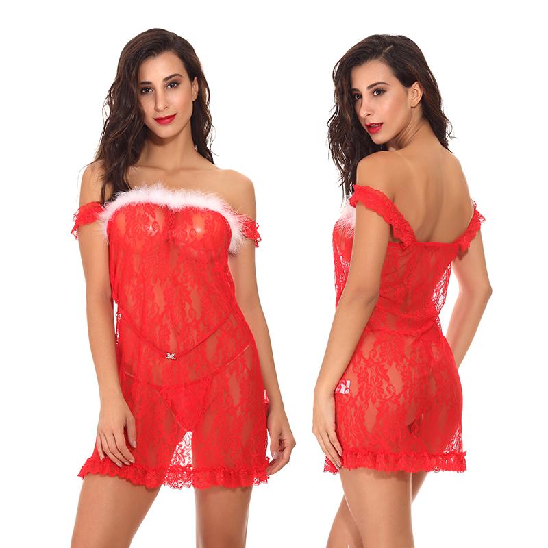 Women Underwear Bras Set Sleepwear Lingerie in vibrant Christmas red, featuring a stylish V-neck design and above-knee length for a sexy look.