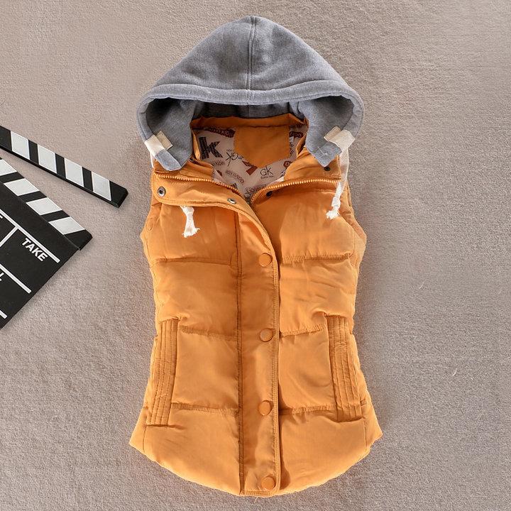 Women Winter Vest Waistcoat in solid color with hood, showcasing a sleeveless design and thick down cotton filling for warmth.