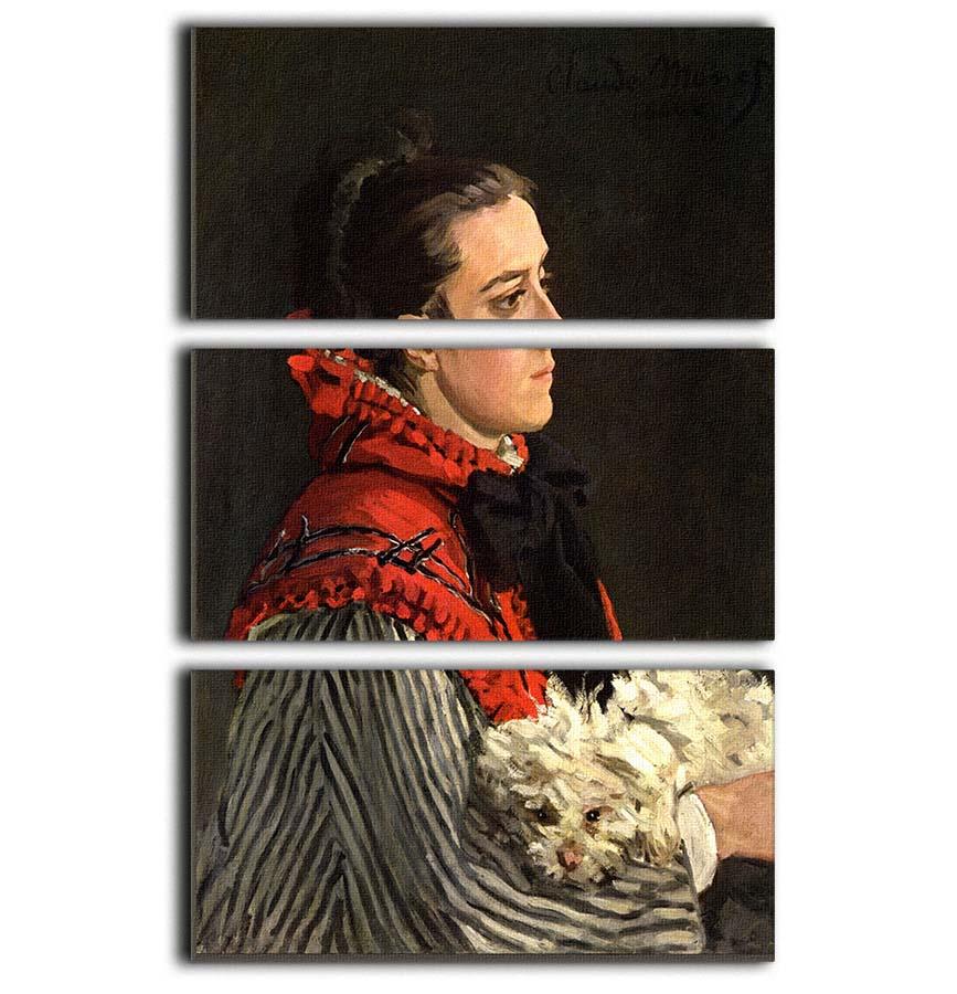 Three-panel canvas print featuring Monet's Women with Dog artwork, elegantly displayed for home decor.