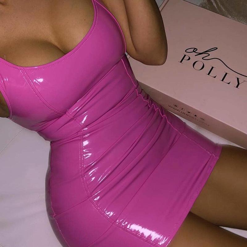 A stylish women's sexy wet look latex dress featuring a bodycon silhouette, cap sleeves, and a square neckline, perfect for clubbing.