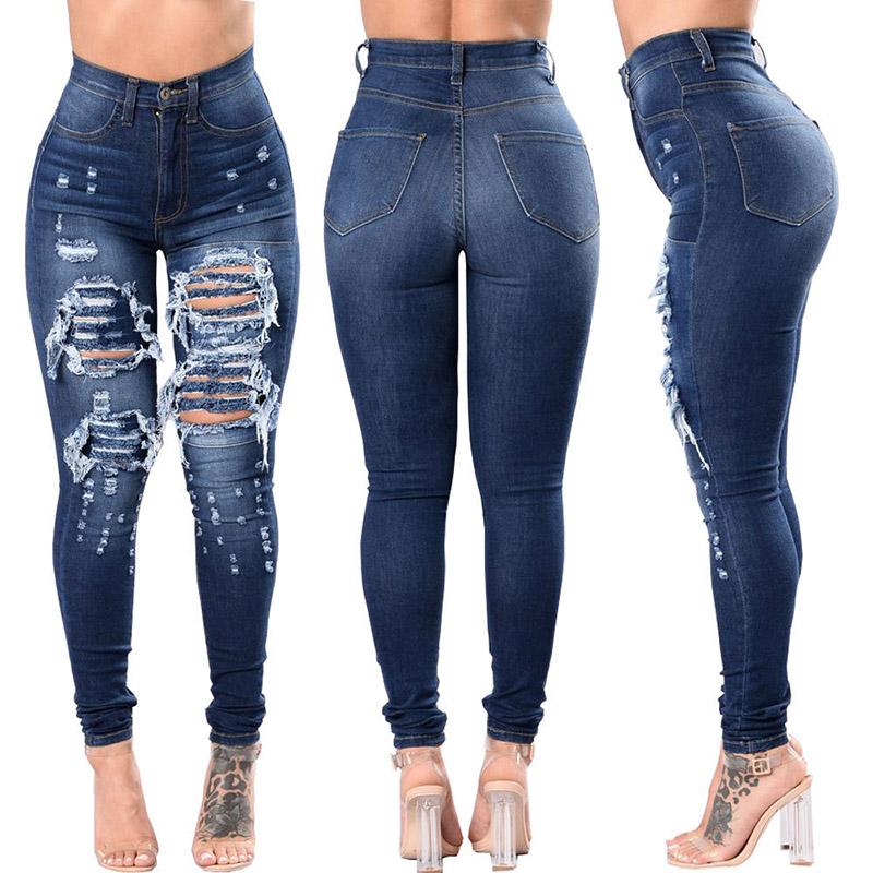 A pair of stylish women's ripped jeans featuring trendy holes and a light wash, perfect for casual and fashionable outfits.