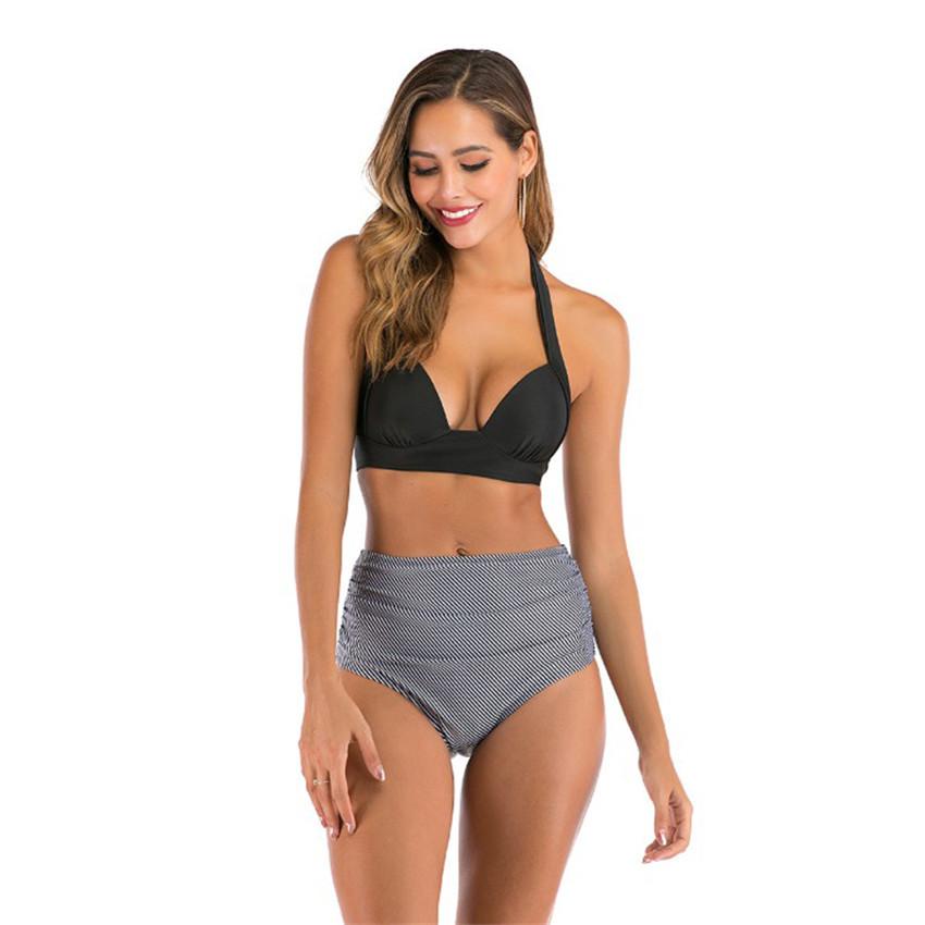 Women's Swimwear featuring a halter neck, high waist design, and vibrant multi-color print, perfect for beach outings.