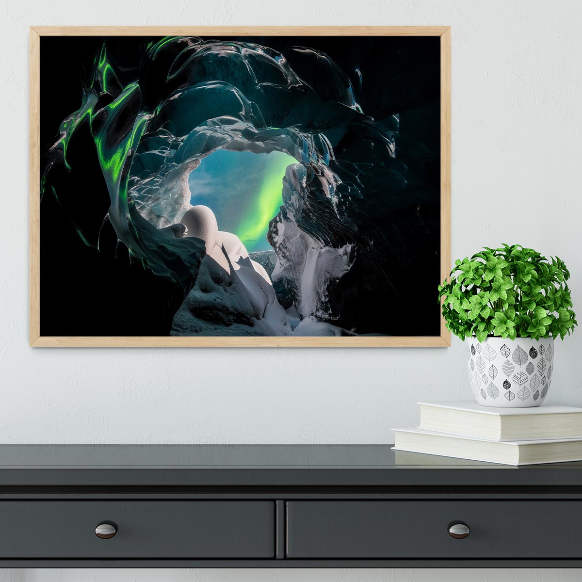 A beautifully framed print showcasing the stunning landscapes of Iceland, featuring a handmade frame in black, white, or natural wood.