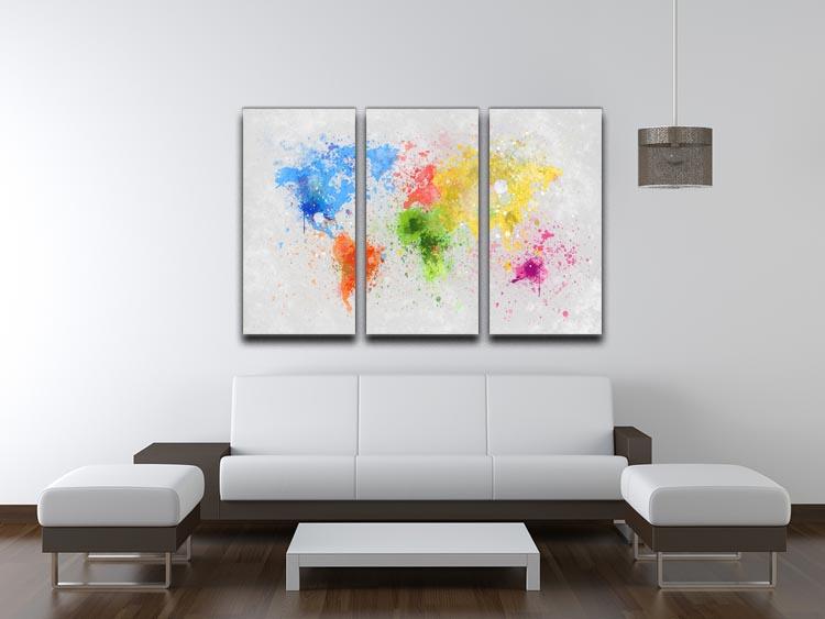 A stunning 3-panel canvas print featuring a world map, showcasing vibrant colors and intricate details, perfect for home or office decor.