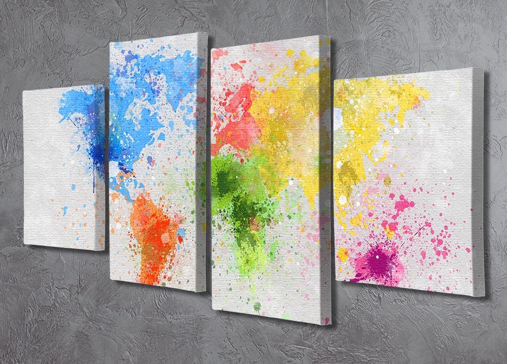 A vibrant world map painting divided into four equal canvas panels, showcasing intricate details and colors.