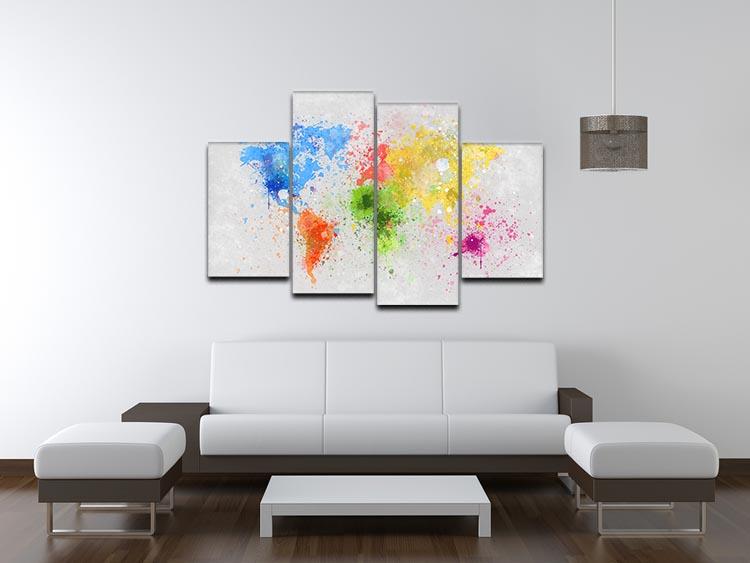 A vibrant world map painting divided into four equal canvas panels, showcasing intricate details and colors.