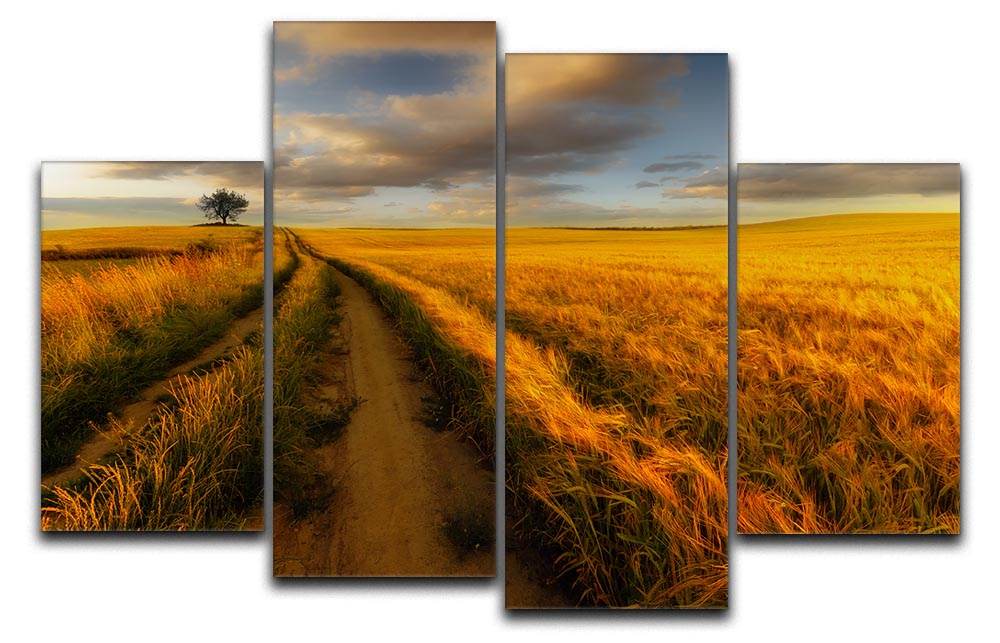 A vibrant yellow 4-split panel canvas artwork, showcasing a dynamic design with four equal sections that create a cohesive image.