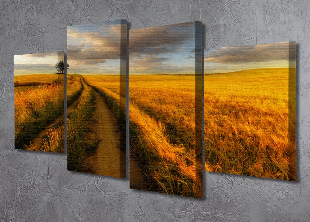 A vibrant yellow 4-split panel canvas artwork, showcasing a dynamic design with four equal sections that create a cohesive image.