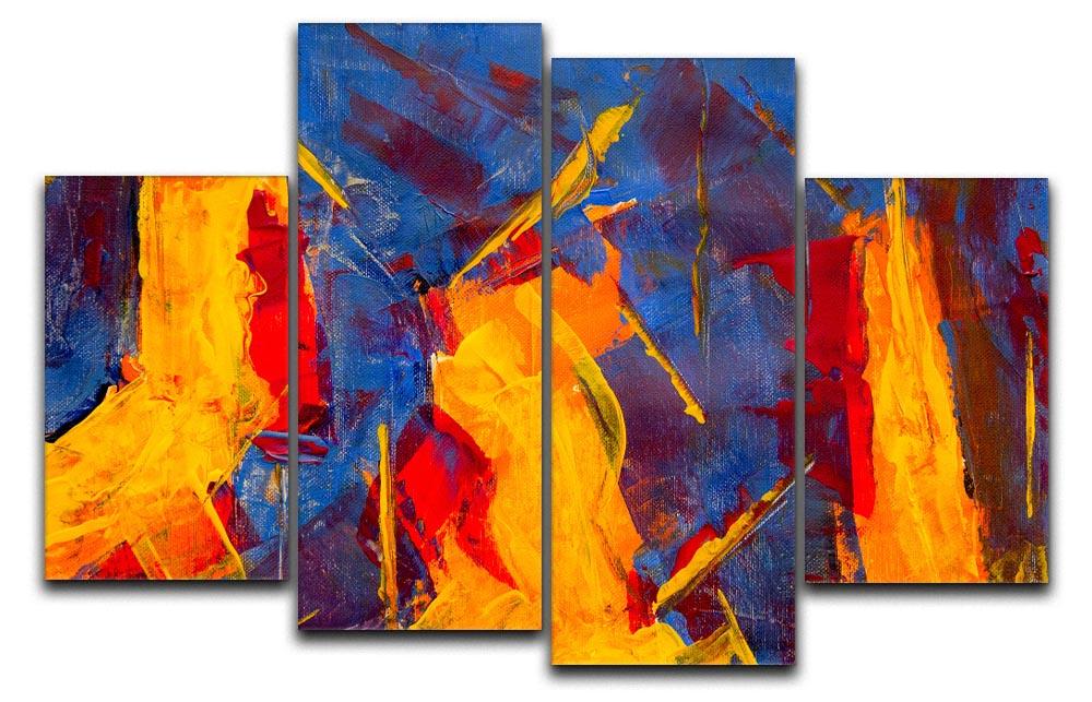 A vibrant 4-split canvas painting featuring abstract designs in yellow, blue, brown, and red, creating a dynamic visual effect.