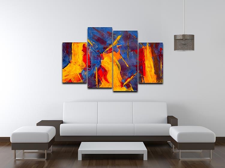 A vibrant 4-split canvas painting featuring abstract designs in yellow, blue, brown, and red, creating a dynamic visual effect.