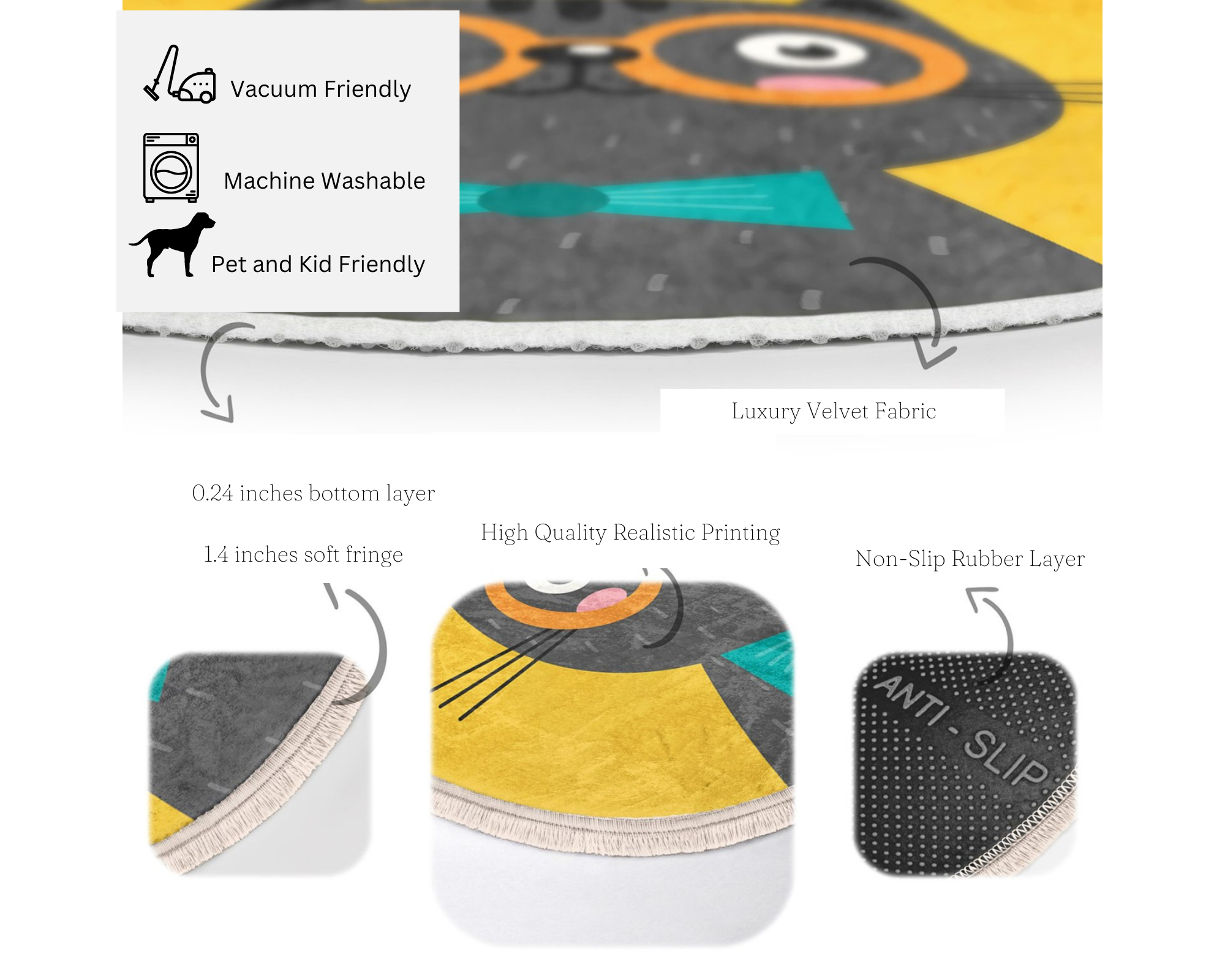 A vibrant yellow round rug featuring playful cat patterns, perfect for kids' rooms and nurseries.