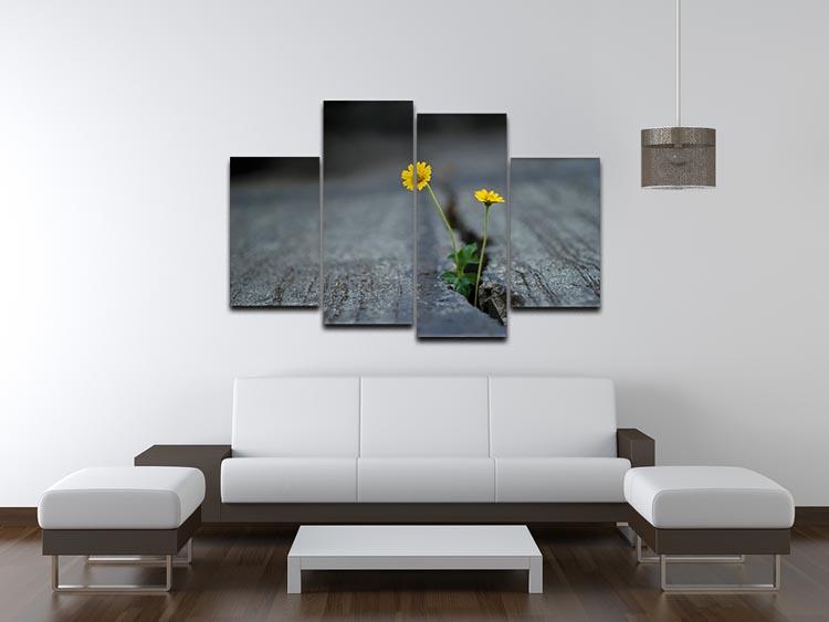 A vibrant yellow flower displayed on a 4-panel split canvas, showcasing a dynamic and multi-dimensional artwork perfect for home decor.
