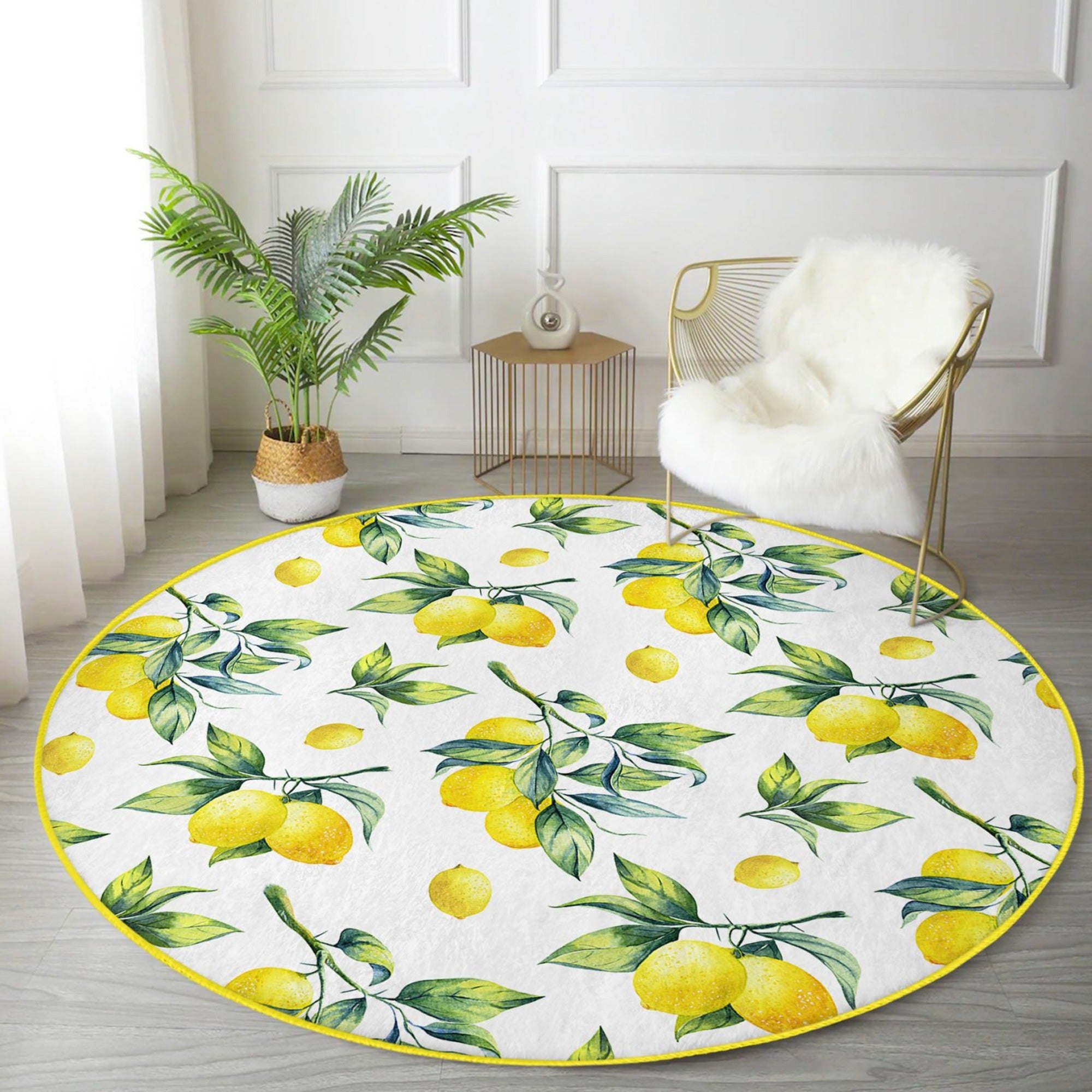 A vibrant round rug featuring a cheerful yellow lemons pattern, perfect for summer home decor.