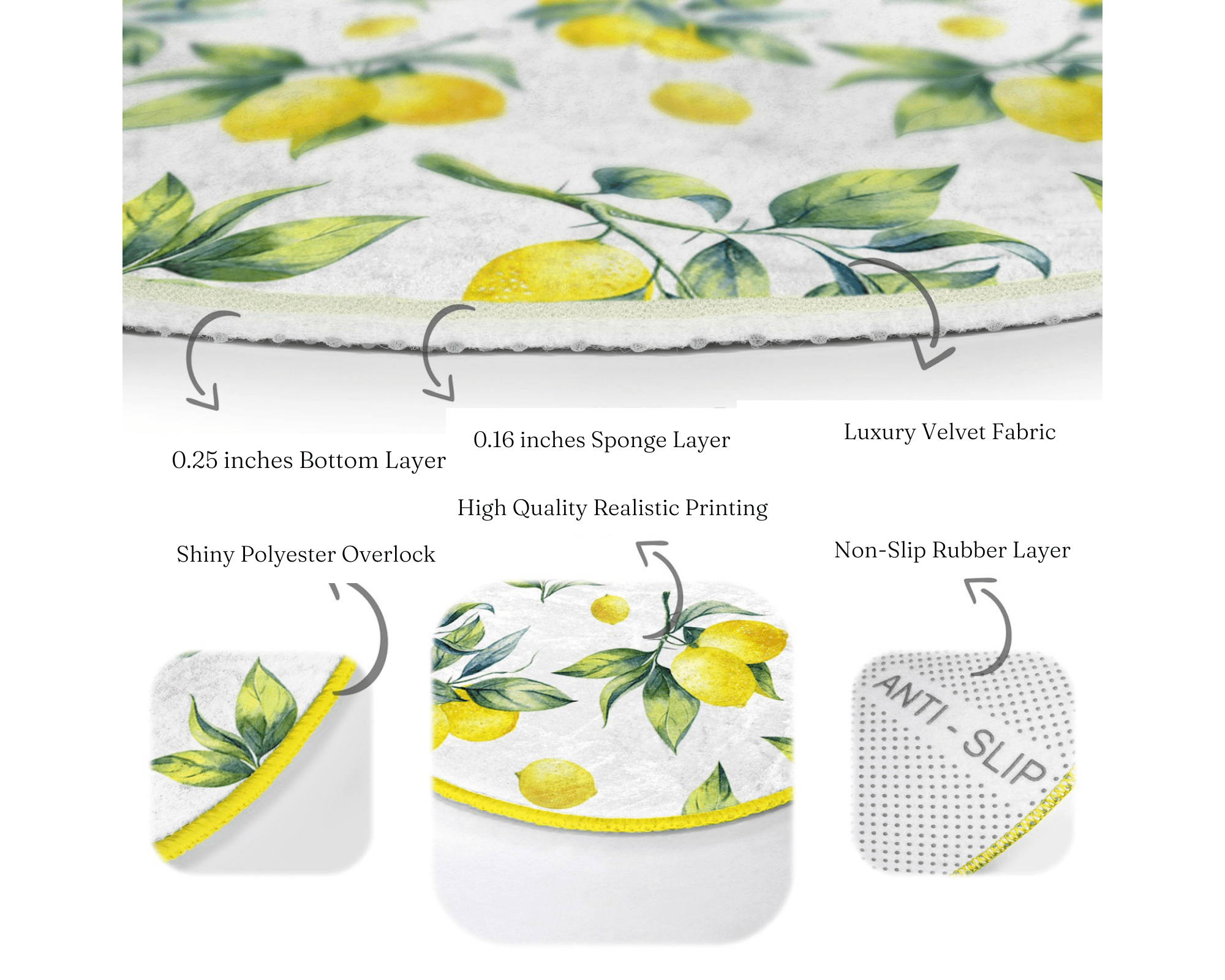 A vibrant round rug featuring a cheerful yellow lemons pattern, perfect for summer home decor.