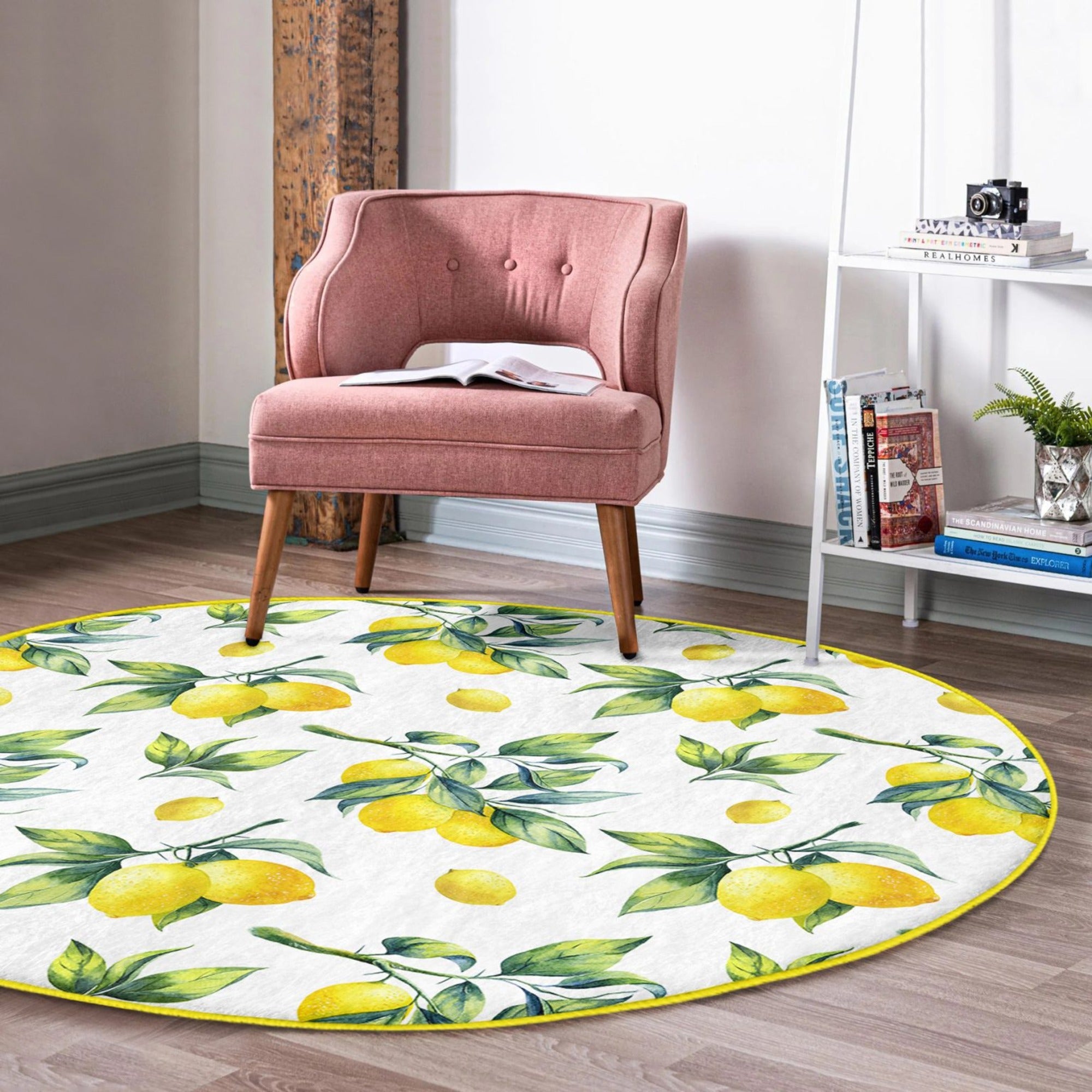A vibrant round rug featuring a cheerful yellow lemons pattern, perfect for summer home decor.