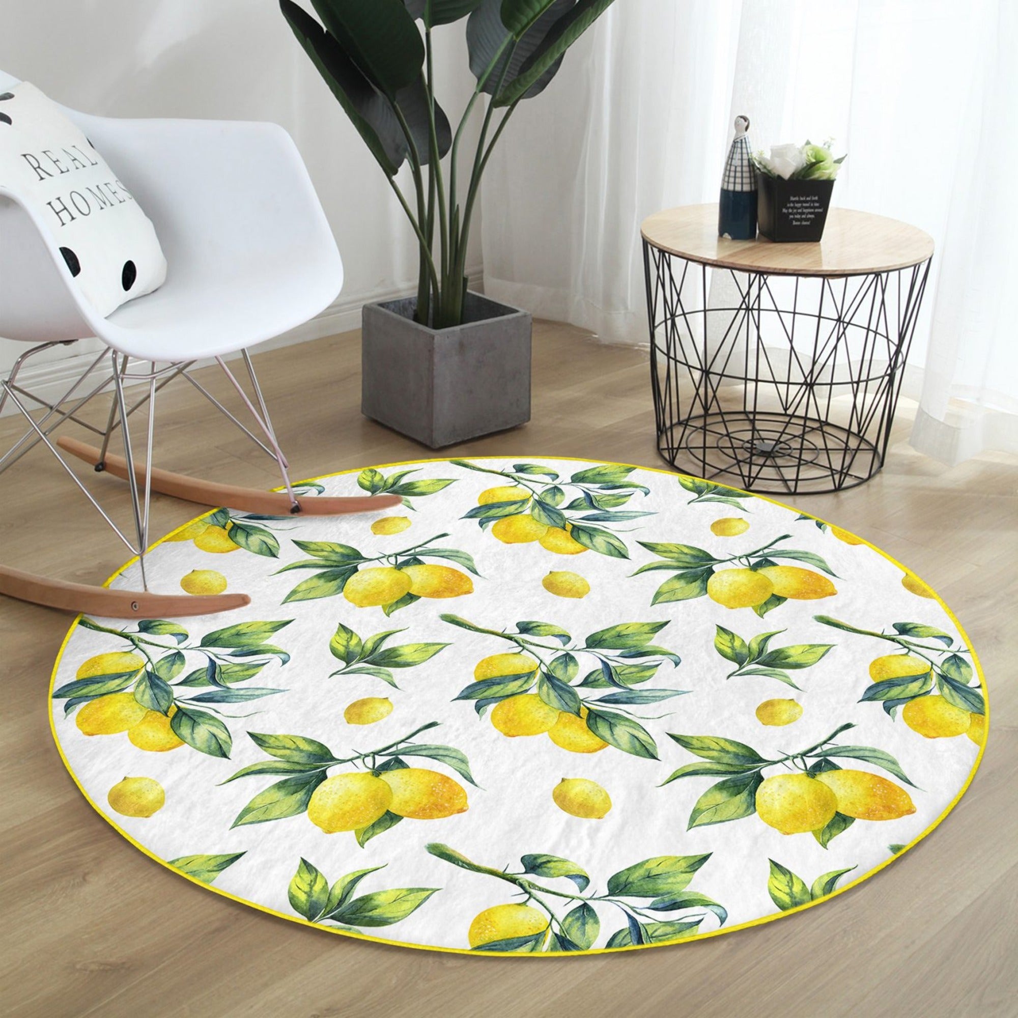 A vibrant round rug featuring a cheerful yellow lemons pattern, perfect for summer home decor.