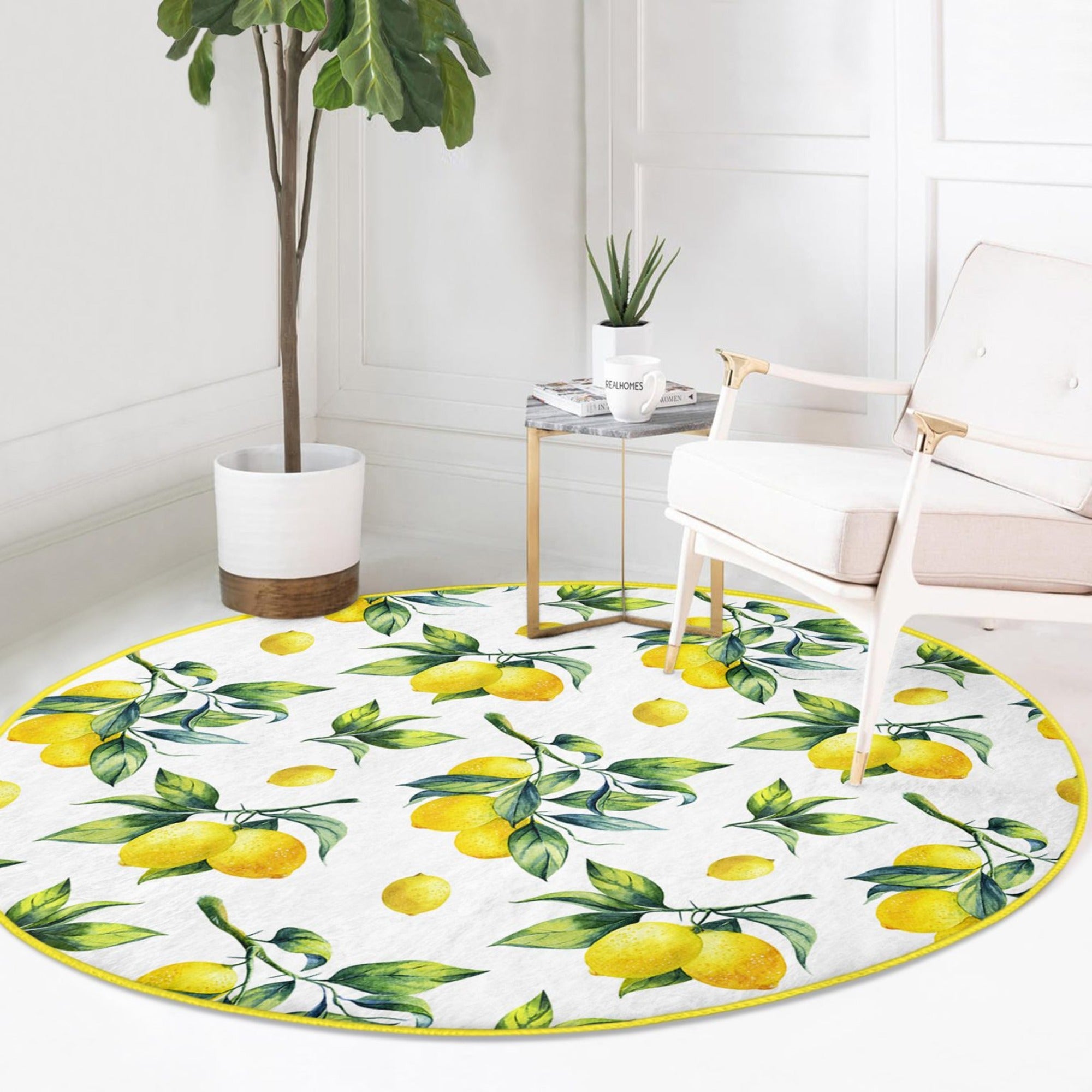 A vibrant round rug featuring a cheerful yellow lemons pattern, perfect for summer home decor.