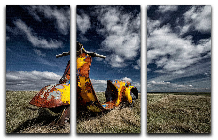 A vibrant Yellow Scooter 3 Split Panel Canvas Print showcasing a playful scooter design across three panels.