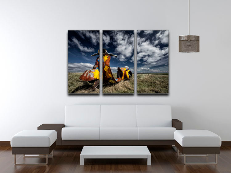 A vibrant Yellow Scooter 3 Split Panel Canvas Print showcasing a playful scooter design across three panels.