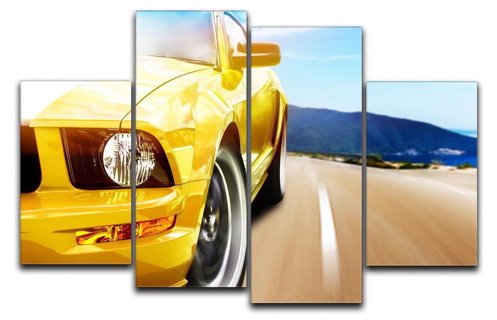 A vibrant yellow sport car displayed on a 4-split canvas artwork, showcasing dynamic design and modern decor style.