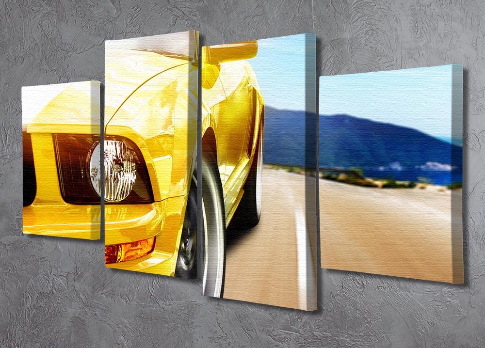 A vibrant yellow sport car displayed on a 4-split canvas artwork, showcasing dynamic design and modern decor style.