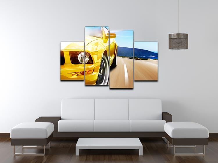 A vibrant yellow sport car displayed on a 4-split canvas artwork, showcasing dynamic design and modern decor style.