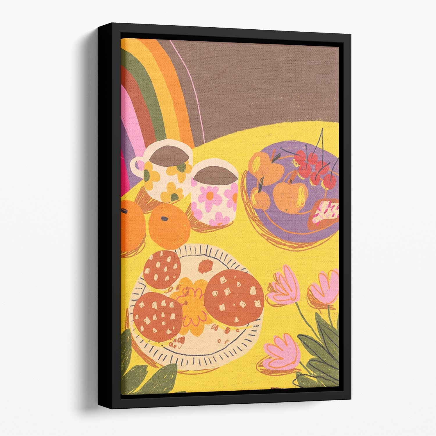 A vibrant yellow abstract canvas art piece framed in a floating wooden frame, showcasing a modern design perfect for home decor.