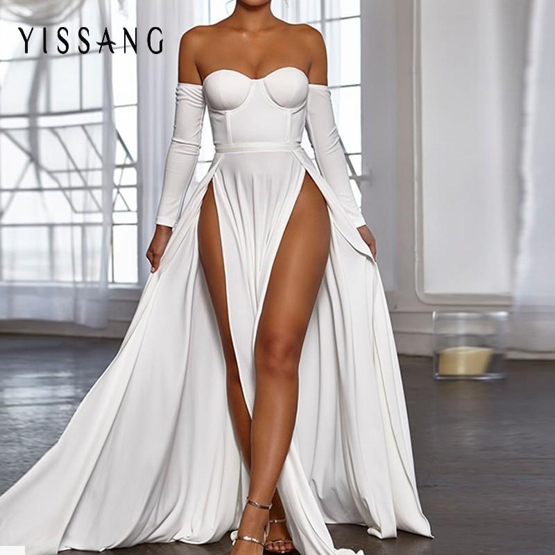 Yissang White Dress for women, featuring an off-shoulder design and maxi length, perfect for summer occasions.