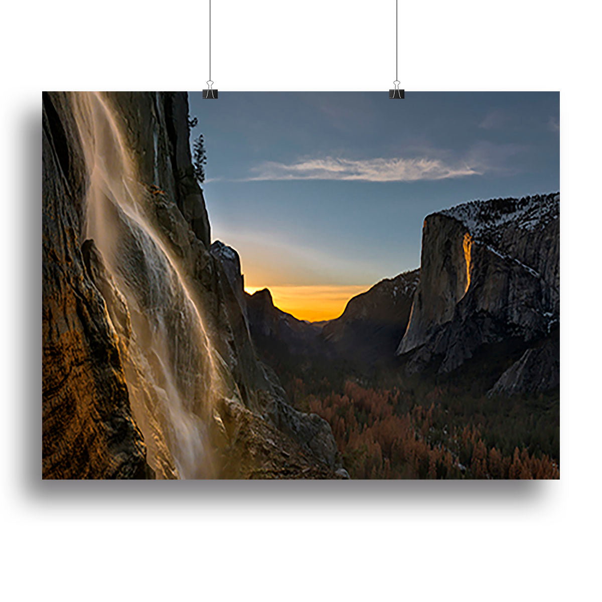 A beautiful canvas print of Yosemite Firefall, showcasing vibrant colors and stunning natural scenery, perfect for home decor.