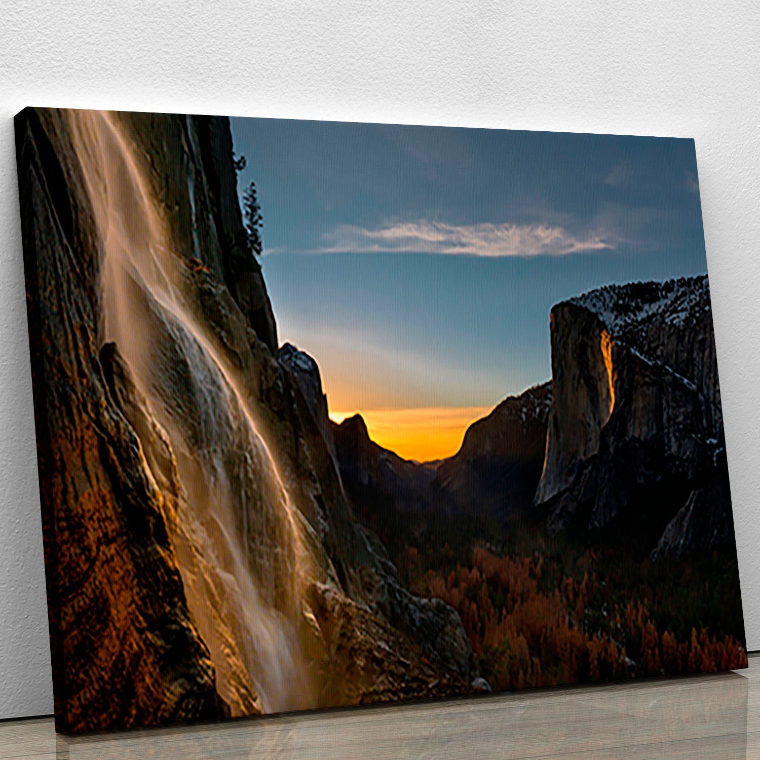 A beautiful canvas print of Yosemite Firefall, showcasing vibrant colors and stunning natural scenery, perfect for home decor.