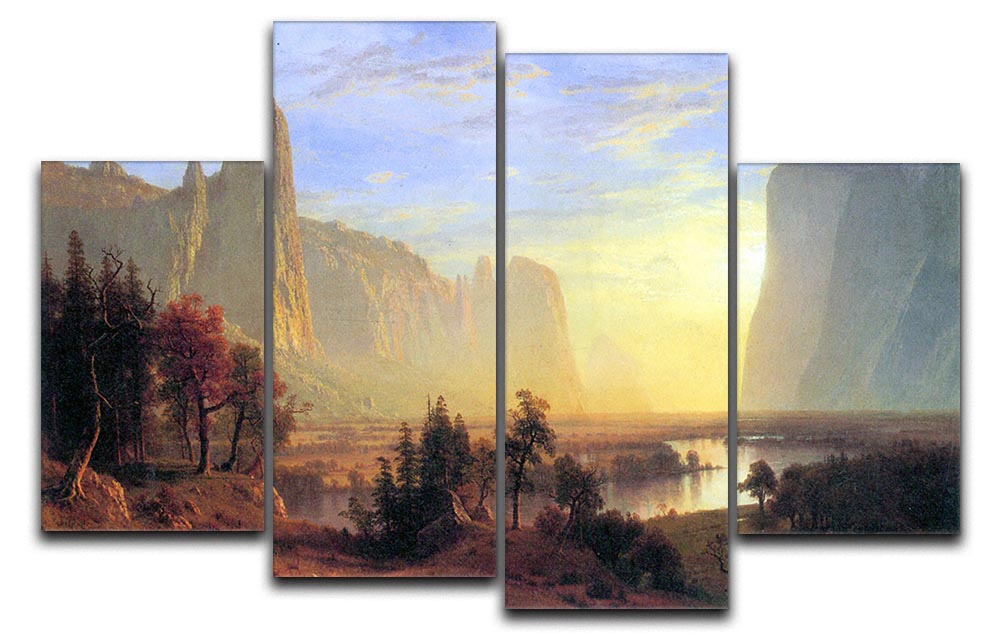 Yosemite Valley by Bierstadt 4 Split Panel Canvas artwork showcasing a breathtaking landscape divided into four panels.