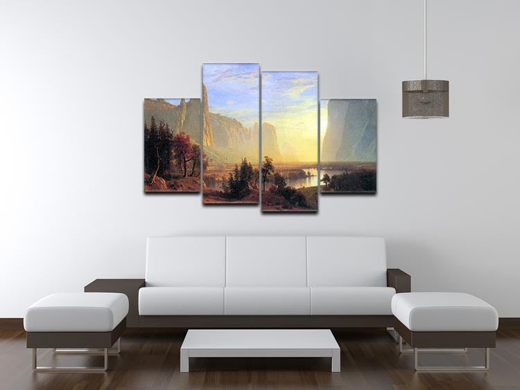 Yosemite Valley by Bierstadt 4 Split Panel Canvas artwork showcasing a breathtaking landscape divided into four panels.