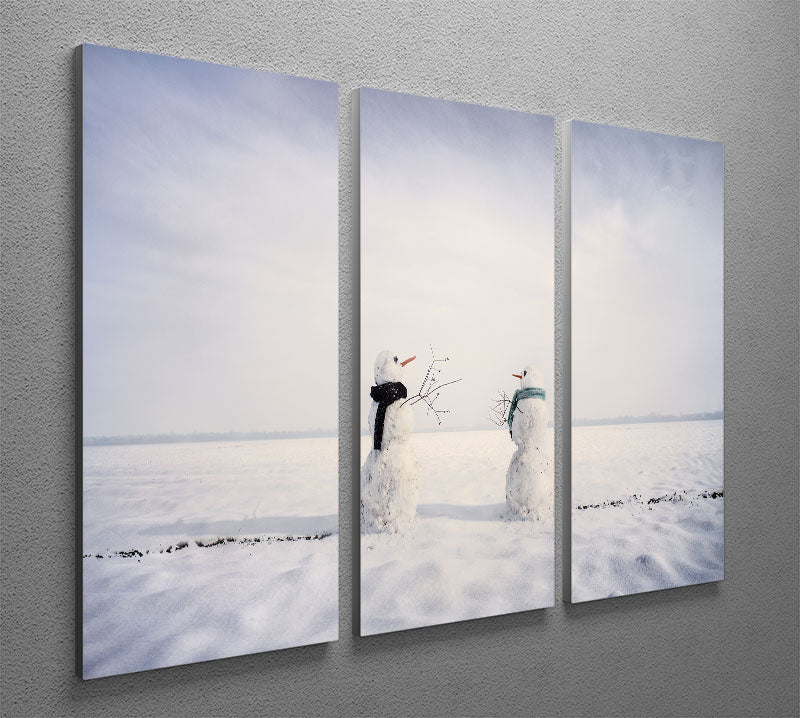 You and I Snowmen 3 Split Panel Canvas Print featuring charming snowmen in a winter scene, perfect for home decor.