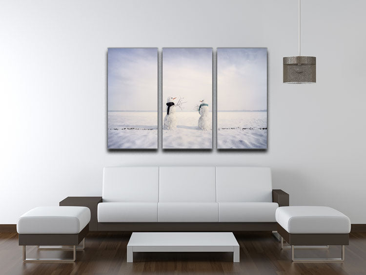 You and I Snowmen 3 Split Panel Canvas Print featuring charming snowmen in a winter scene, perfect for home decor.