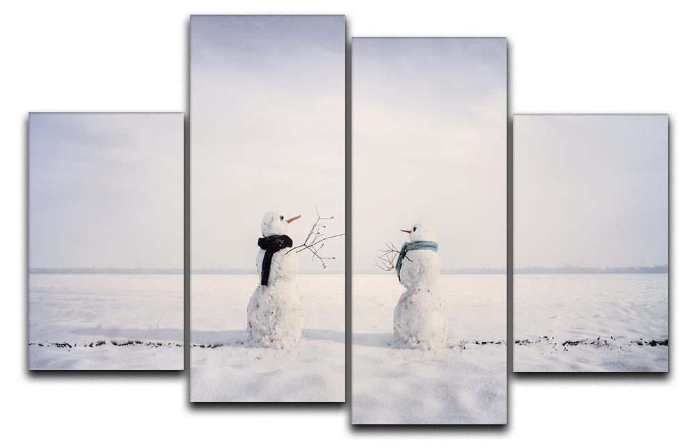 You and I Snowmen 4 Split Panel Canvas artwork featuring four charming snowmen in a winter scene.